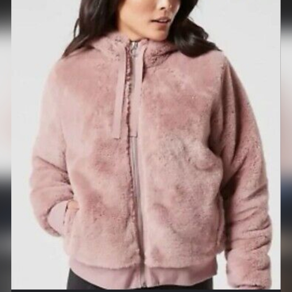 Athleta Ritual Jacket Coat Hooded Full Zip Longsleeve Mauve Faux Fur Size Small